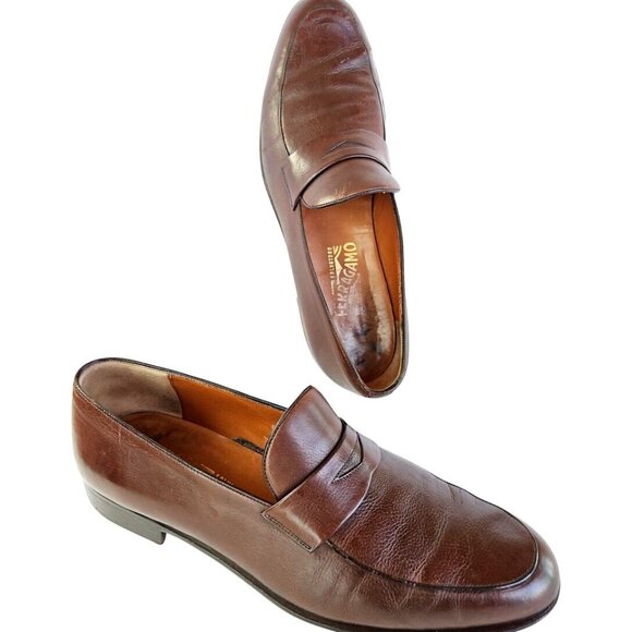 Vintage 1980s Ferragamo Men’s Brown Leather Penny Loafers Made in Italy 11.5D - Picture 5 of 13